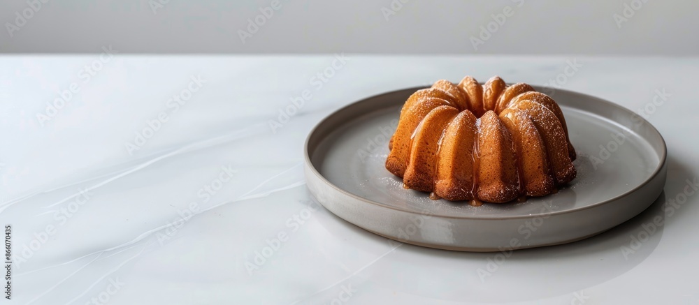 Poster a salted caramel croffle is displayed on a gray plate against a white backdrop with copy space image