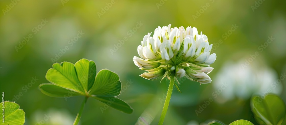 Poster close-up of a lovely white clover blossom against a blurred backdrop, ideal for text placement in th