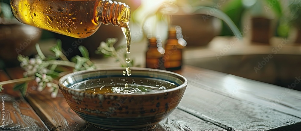Poster Pouring tea tree oil from a bottle into a bowl on a table, with an area available for adding text in the image. Copy space image. Place for adding text and design