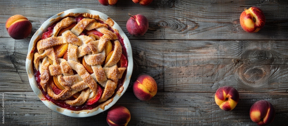 Poster a pie with nectarines displayed on a gray wooden table with soft focus enhancing the aesthetic appea
