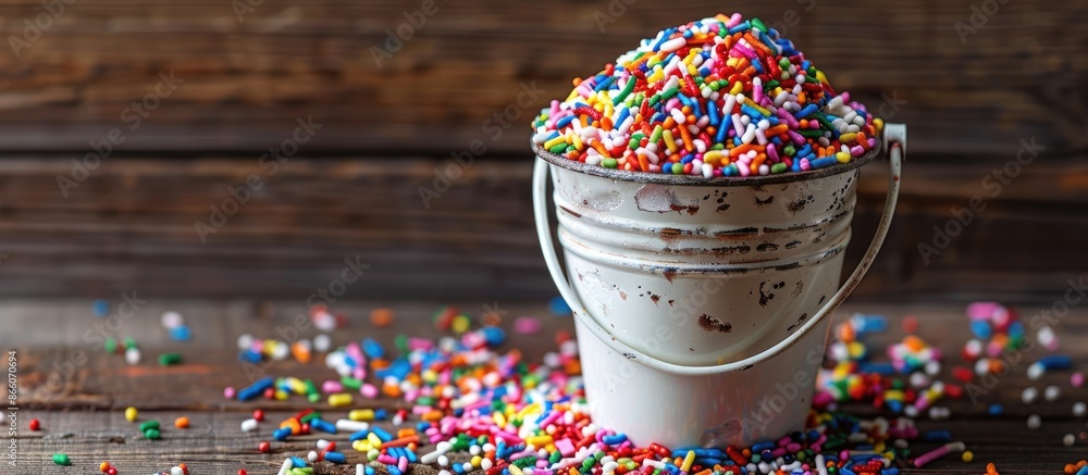Poster sugar sprinkles for cake decoration featuring a bucket overflowing with colorful sprinkles on a rust