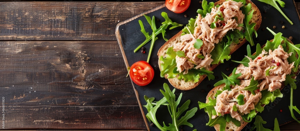 Poster top-view image of canned tuna toasts or sandwiches with lettuce and arugula on a dark wooden backdro