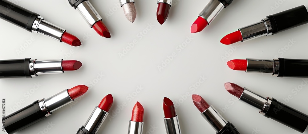 Poster A circle of lipsticks displayed from above on a white background with copy space image.