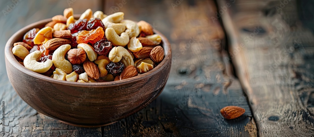 Poster healthy snack featuring a blend of mixed nuts and dried fruits presented in a rustic wooden bowl wit