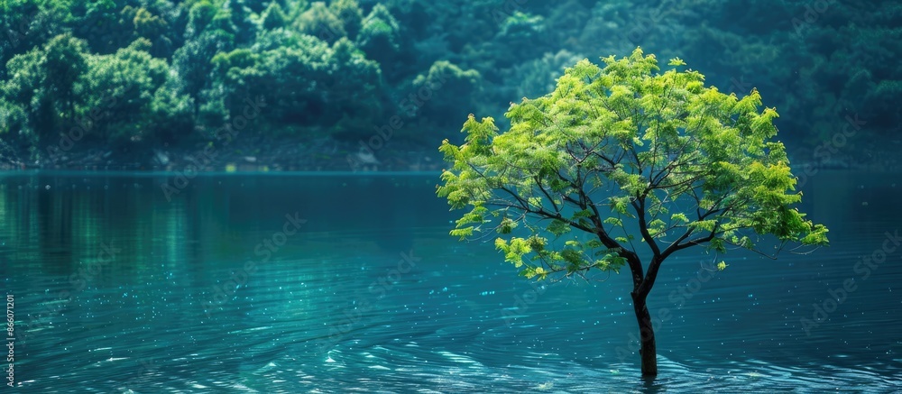 Poster tree with green leaves against a backdrop of rippling blue water, providing a serene copy space imag