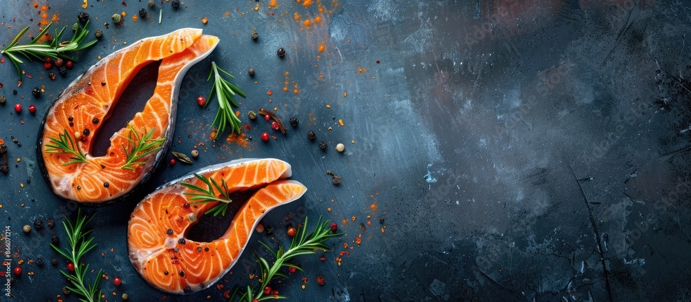 Poster salmon steaks from above with spices and available copy space image.