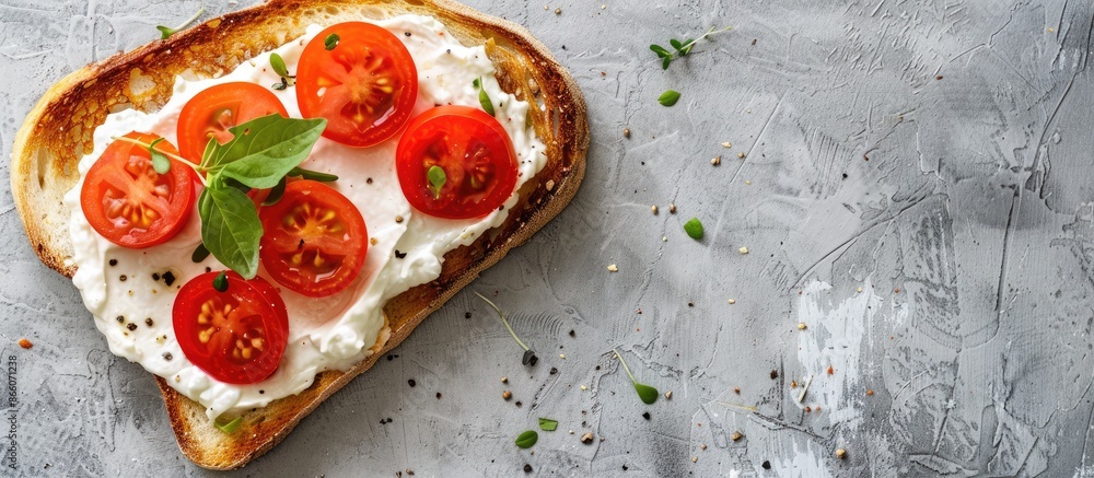 Aufkleber a slice of toasted bread topped with delectable cream cheese and tomatoes arranged on a grey surface
