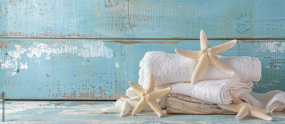 Poster starfish-adorned towels displayed on a wooden surface with a light blue backdrop, offering ample cop