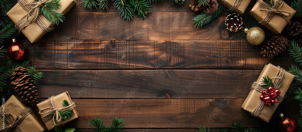 Poster christmas-themed backdrop with gift boxes, rustic decor on vintage wood. stylish top view layout wit