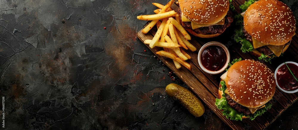 Poster Top view of burgers, fries, and pickles on a cutting board with a space for adding text or images. Copy space image. Place for adding text and design