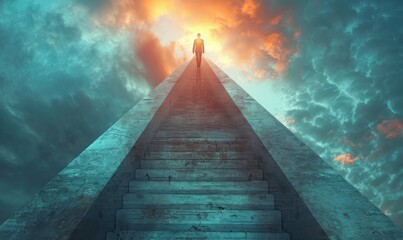 Obraz premium A businessman follows an arrow-shaped path pointing upwards, symbolizing growth and success in the business world, illuminated by light