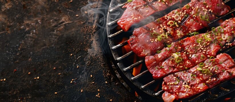Yakiniku-themed photo featuring beef stomach (Mino) with copy space image.