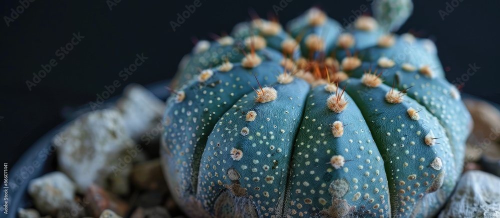 Poster detailed closeup of astrophytum asterias superkabuto with ample copy space image.