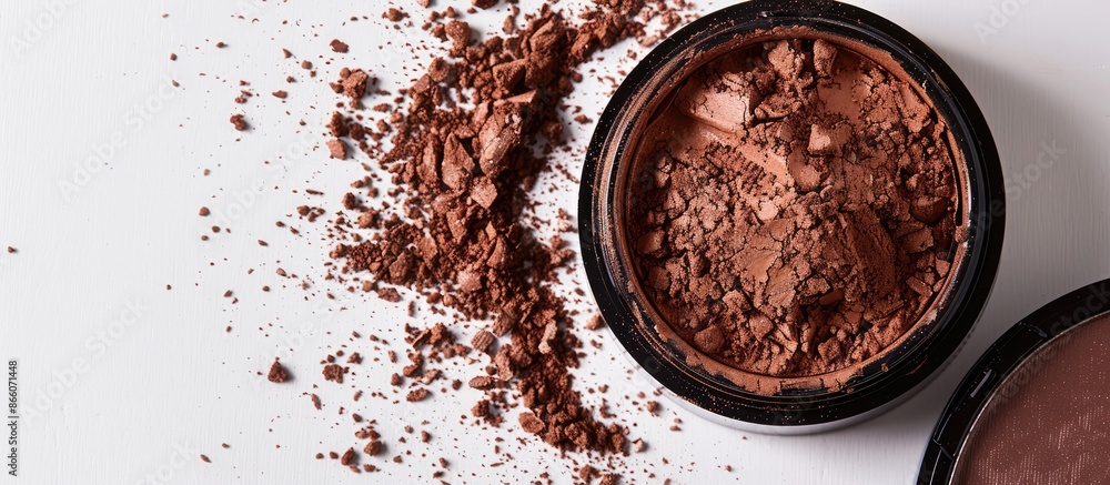 Poster a professional face powder is showcased on a clean white background with close-up, top-down view for
