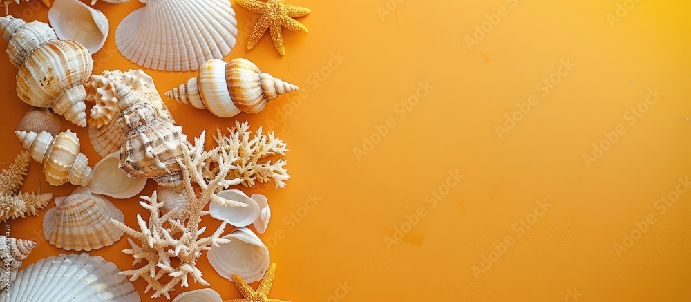 Aufkleber sea shells in white and brown hues with coral design floating above a lively yellow backdrop, repres