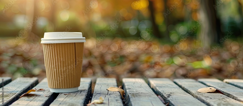 Aufkleber Takeaway coffee cup on a rustic wooden bench outside, with empty space for text or graphics in the background. Copy space image. Place for adding text and design