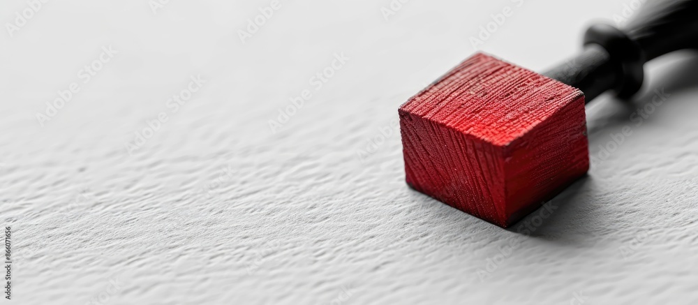 Aufkleber Focused on the closeup view of the rubber stamp with the red ink imprint on a white paper textured background, leaving available copy space for an image.