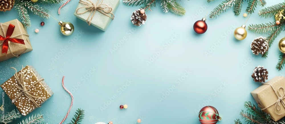 Poster design for a christmas banner with gift boxes, ornaments, and fir branches on a soft blue backdrop, 