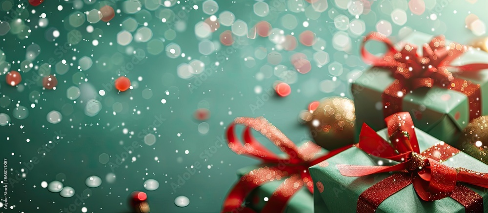 Poster close-up view of christmas presents with red ribbons, confetti, on a green backdrop with copy space 