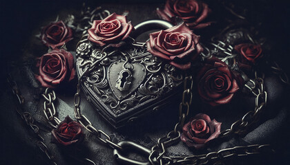 Gothic romance Close-up of a heart-shaped lock with chains and roses symbolizing love and passion, set against a dark and moody background