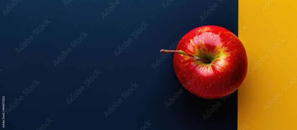 Poster a view from above shows a fresh red apple on a banner with a navy blue and yellow background, featur