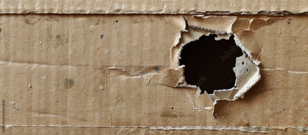 Aufkleber cardboard box showing damage with a hole on the surface for a copy space image.