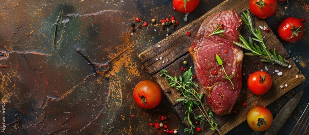 Poster fresh meat steak on cutting board with vegetables and herbs - selected focus in a ready-to-cook copy