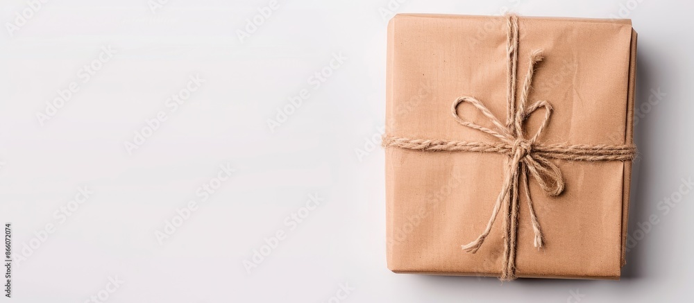 Poster package wrapped in brown kraft paper against a white backdrop with copy space image.