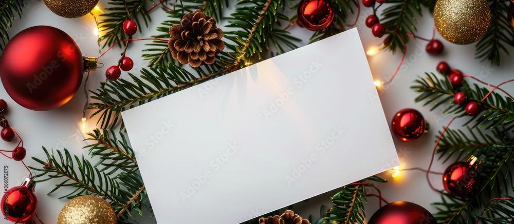 Aufkleber Christmas and New Year themed background with an empty white card for text or images, ideal for adding content with copy space image.
