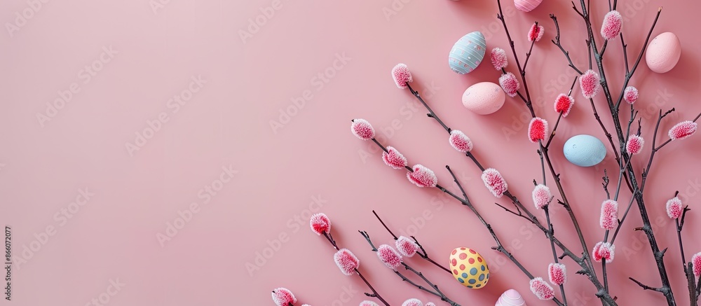 Aufkleber easter-themed image with pussy willow branches and colorful eggs on a pink surface, creating a seaso
