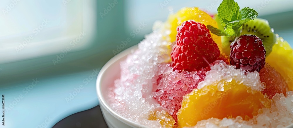 Poster close-up photo of hawaiian shaved ice, also known as shave ice or snow cone, featuring a blank space