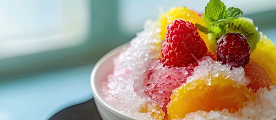 Close-up photo of Hawaiian shaved ice, also known as shave ice or snow cone, featuring a blank space for more content beside the image. Copy space image. Place for adding text and design
