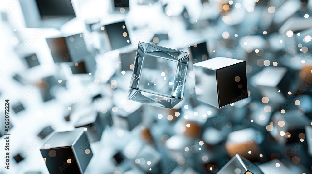 Poster 3D rendering of floating glass cubes with glowing particles. AIG535