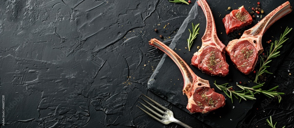 Aufkleber Top-down view of seasoned raw lamb chops on a black backdrop. A meat fork is nearby, with additional space for text or images on the left side of the picture.