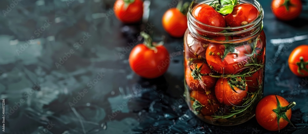 Aufkleber Close-up of a pickling jar filled with fresh tomatoes displayed on a black kitchen table, providing copy space for text in the image.