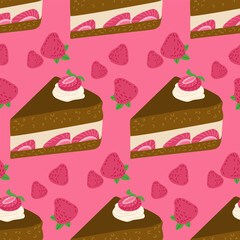 WebChocolate dessert seamless pattern with strawberry cake and strawberries. Vector hand drawn food illustration on pink background. Good for wrapping paper, background, kitchen textile