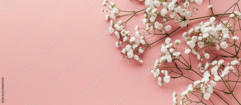 Poster Delicate white flowers on a pastel pink background with copy space image. Illustrating a springtime theme from a top-down perspective.