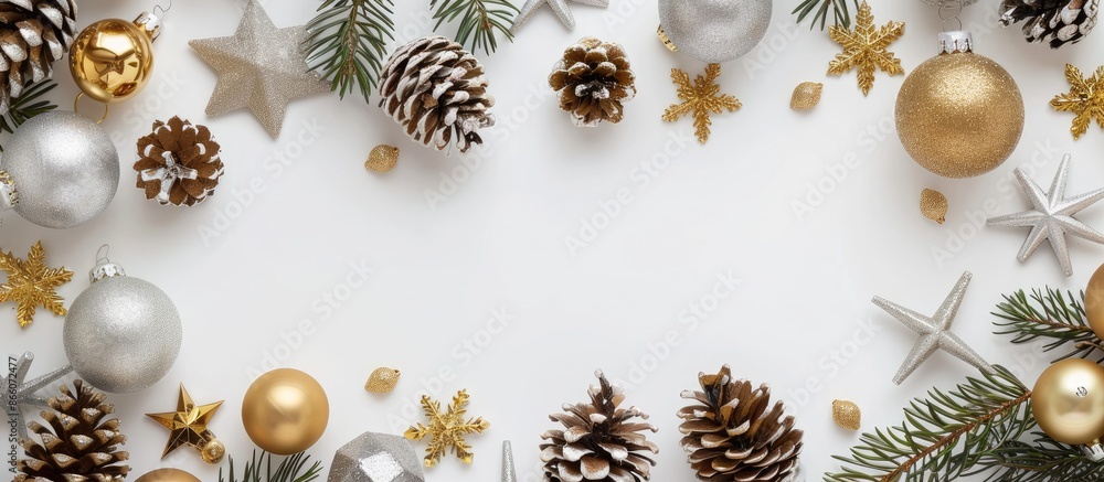 Poster top view of golden and silver christmas decorations on a white background with room for additional i
