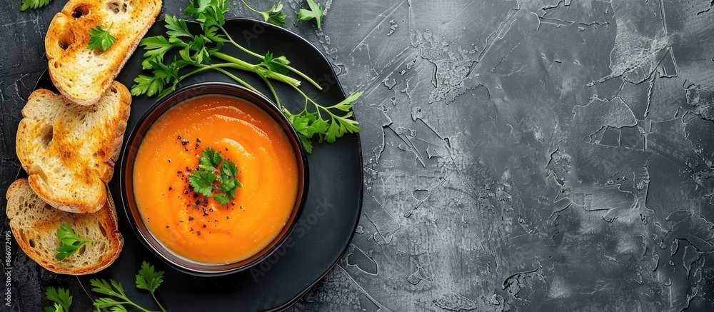 Poster Top view image featuring dietary carrot puree soup with toast bread, with a free copy space.