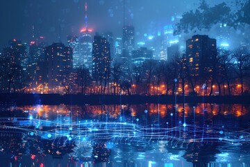 Fototapeta premium Night Cityscape with Digital Overlay