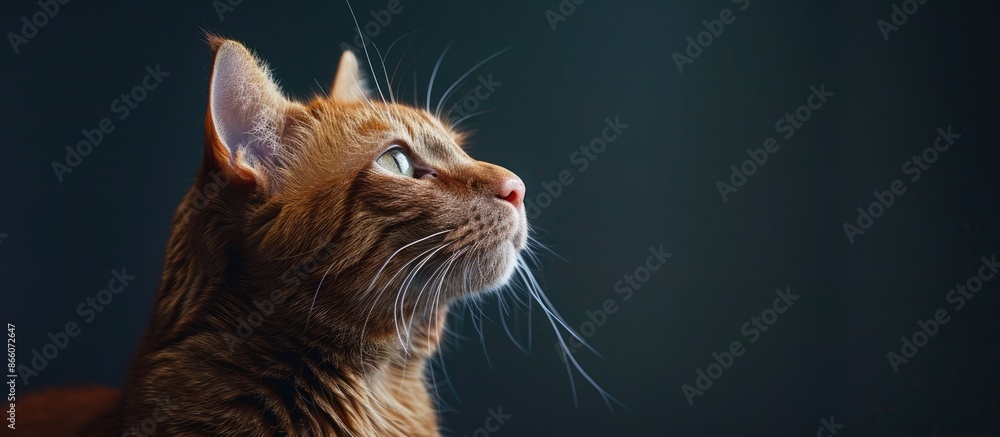 Poster A close-up studio portrait features an adorable Scottish straight cat against a dark backdrop, leaving room for text or other elements in the image. Copy space image. Place for adding text and design