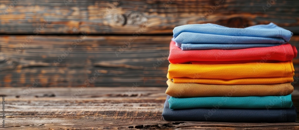 Poster colorful t-shirts stacked on a wooden backdrop with copy space image.