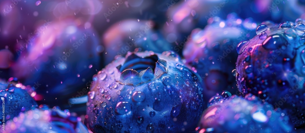 Poster ripe sweet blueberry with water drops, set against a fresh blueberries background providing copy spa