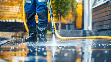 Wet cleaning of street with pressurized water.