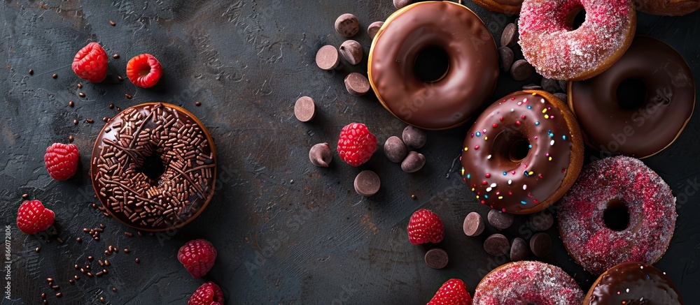 Sticker display of delectable fruit and chocolate donuts, with copy space image.