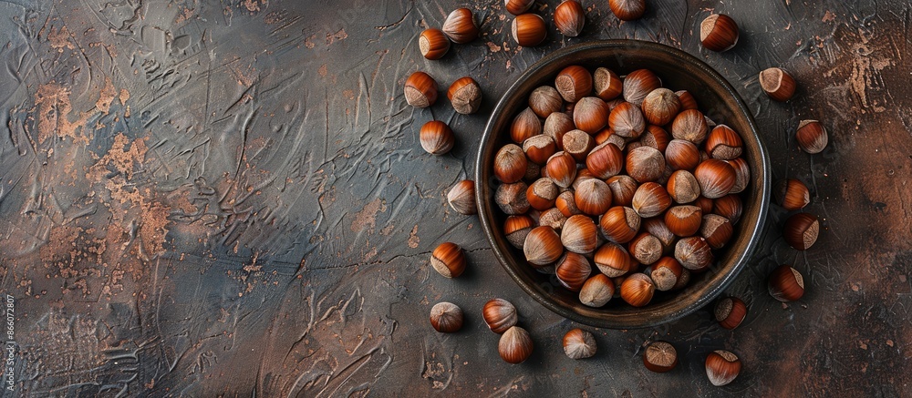 Poster overhead shot of a bowl brimming with hazelnuts against a copy space image.