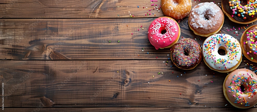 Poster colorful sweet donuts with various toppings on a wooden table in a top view copy space image.