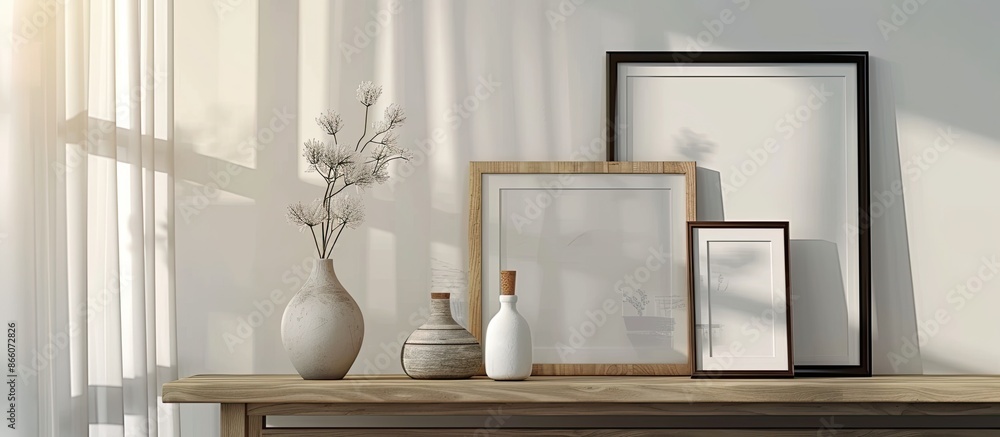 Poster A room table displays photo frames with a vase, providing a visually appealing and inviting scene with copy space image potential.