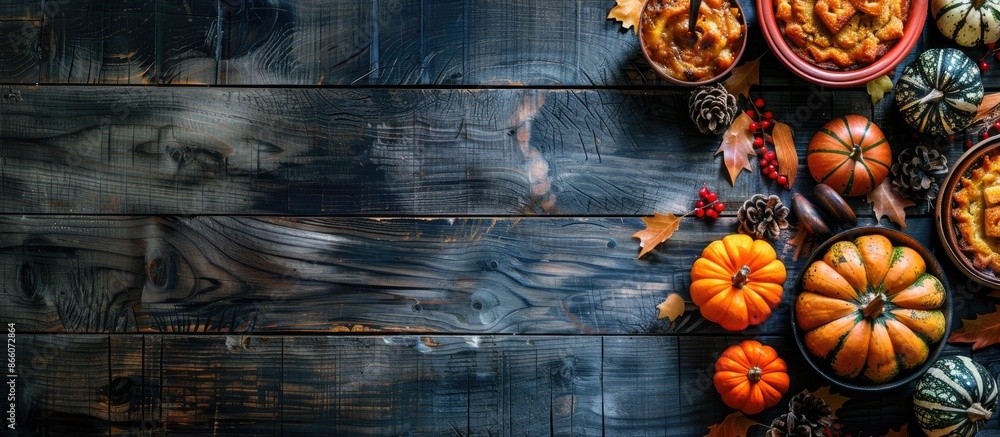Poster traditional thanksgiving holiday food displayed with pumpkins on a rustic old wooden table, with amp