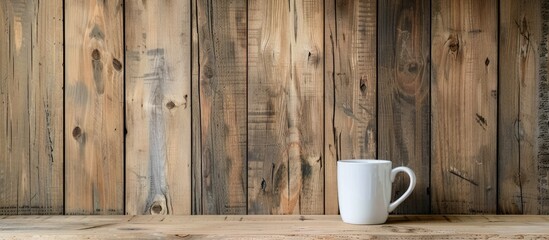 A rustic wooden wall background with space for text beside a mug of coffee. Copy space image. Place for adding text and design
